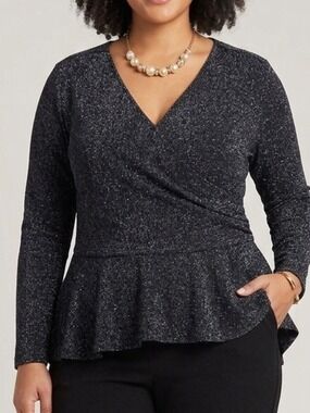 FASHION NOVA Navy Blue Plus Size Metallic Front Wrap Blouse 3X